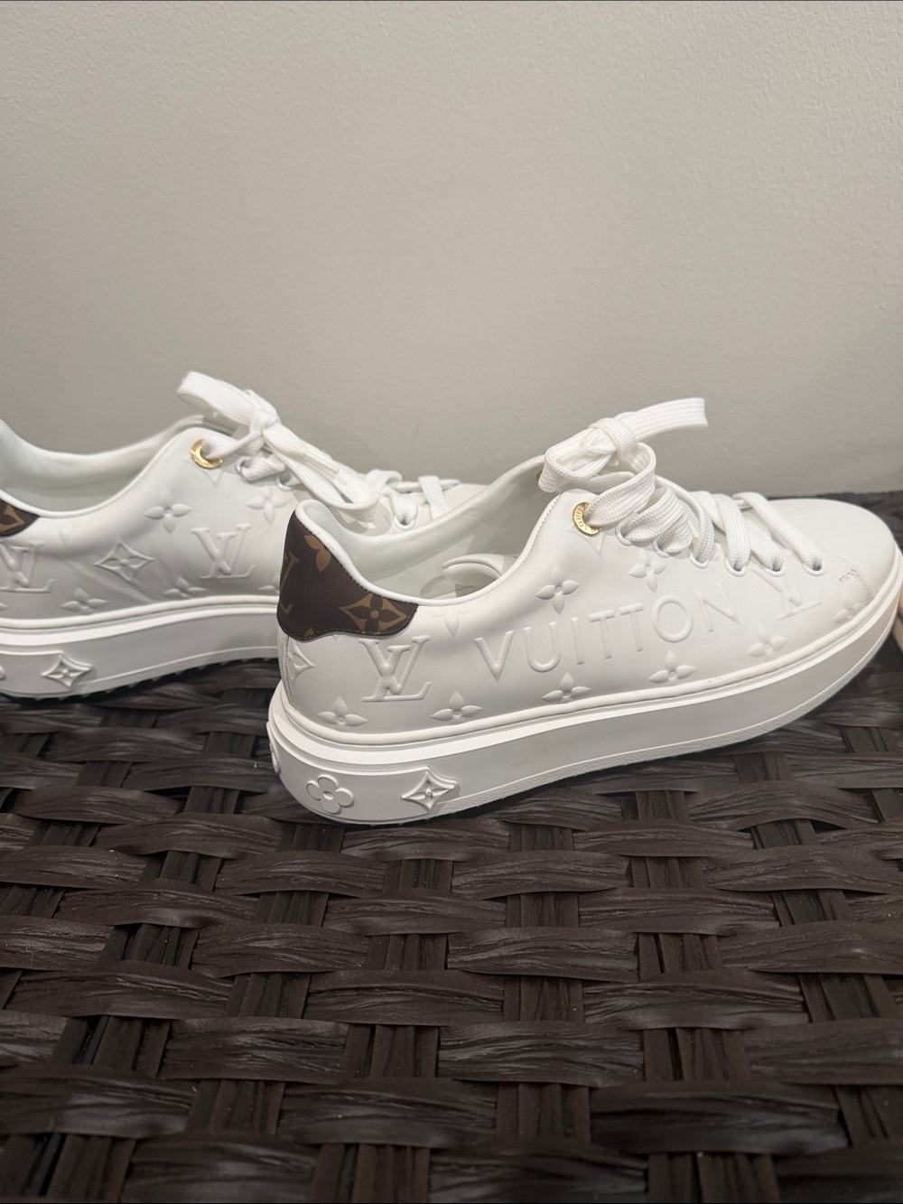 Louis Vuitton Time Out White Sneakers with Brown Monogram Heel. Authentic